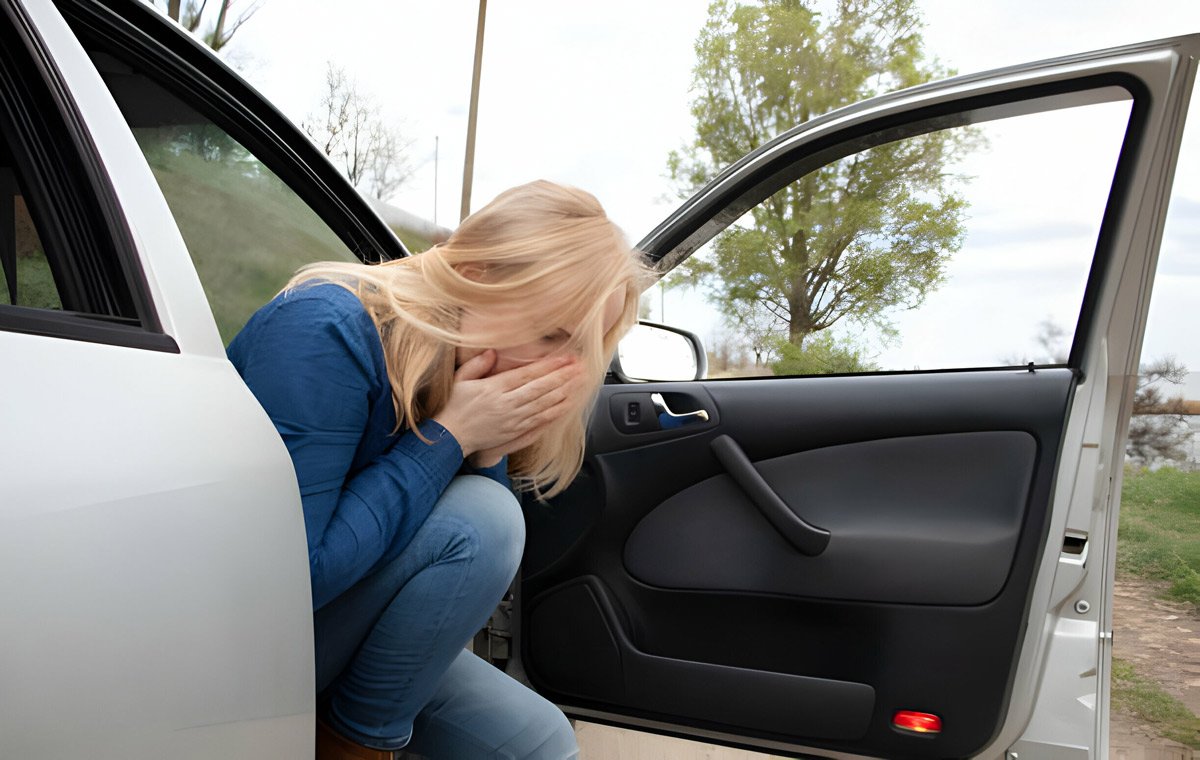 یک زن مبتلا به حالت تهوع که در ماشین را باز کرده و لبه صندلی نشسته است