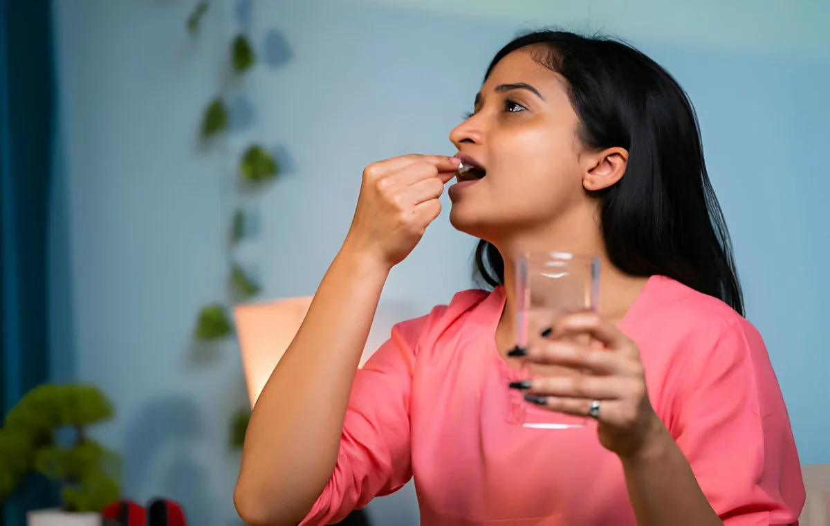 یک زن جوان که یک لیوان آب در دست دارد و قرص می‌خورد