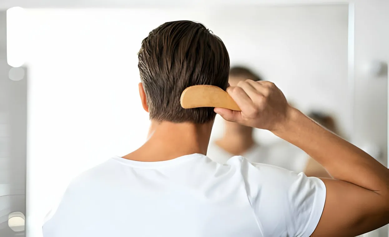 یک مرد که مقابل آینه ایستاده است و روی موهای خود برس می‌کشد