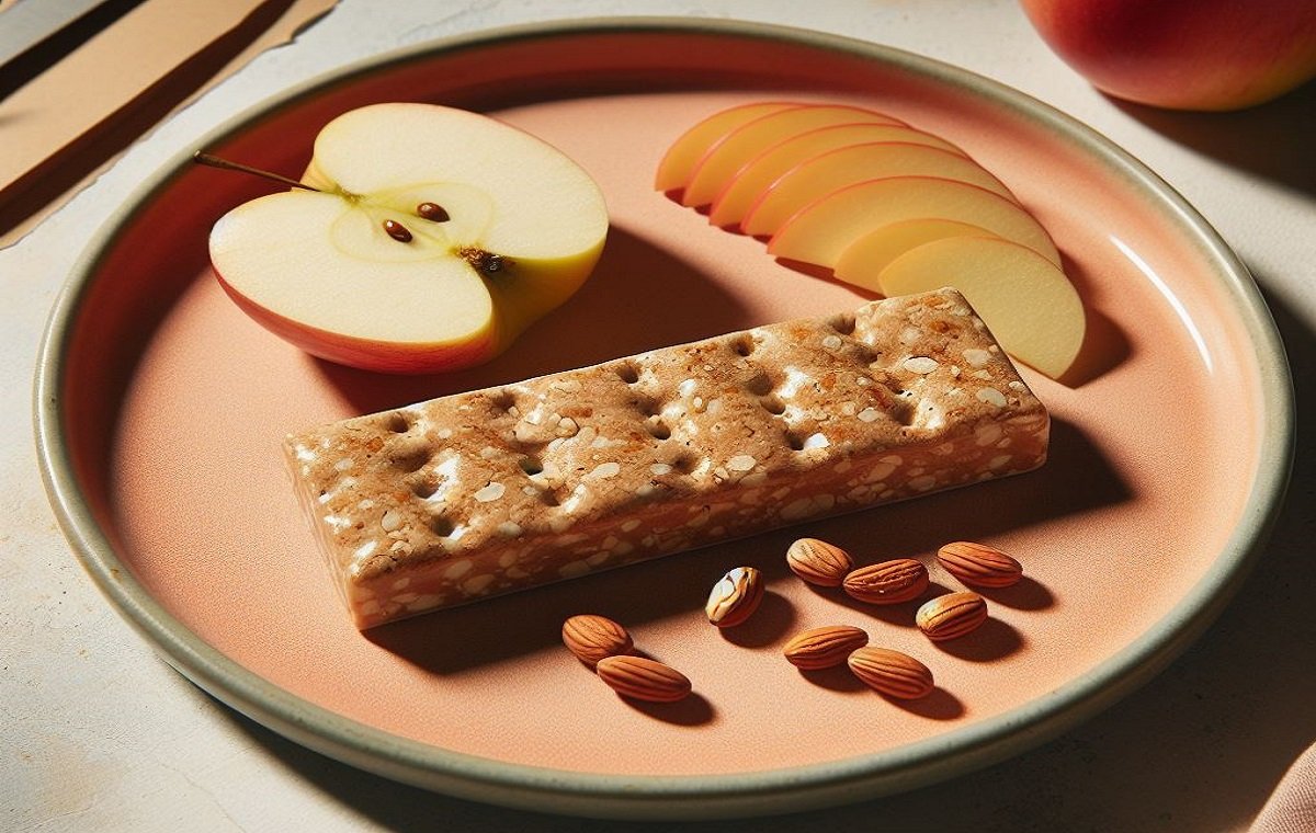 یک پروتئین بار خانگی با سیب و بادام در تصویر است