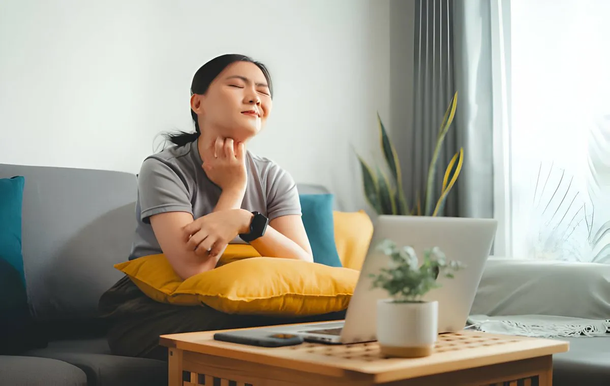 یک زن جوان در حال خاراندن گلوی خود است