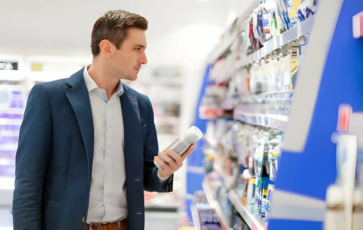 یک مرد جوان در فروشگاه که در حال خریدن شامپو است