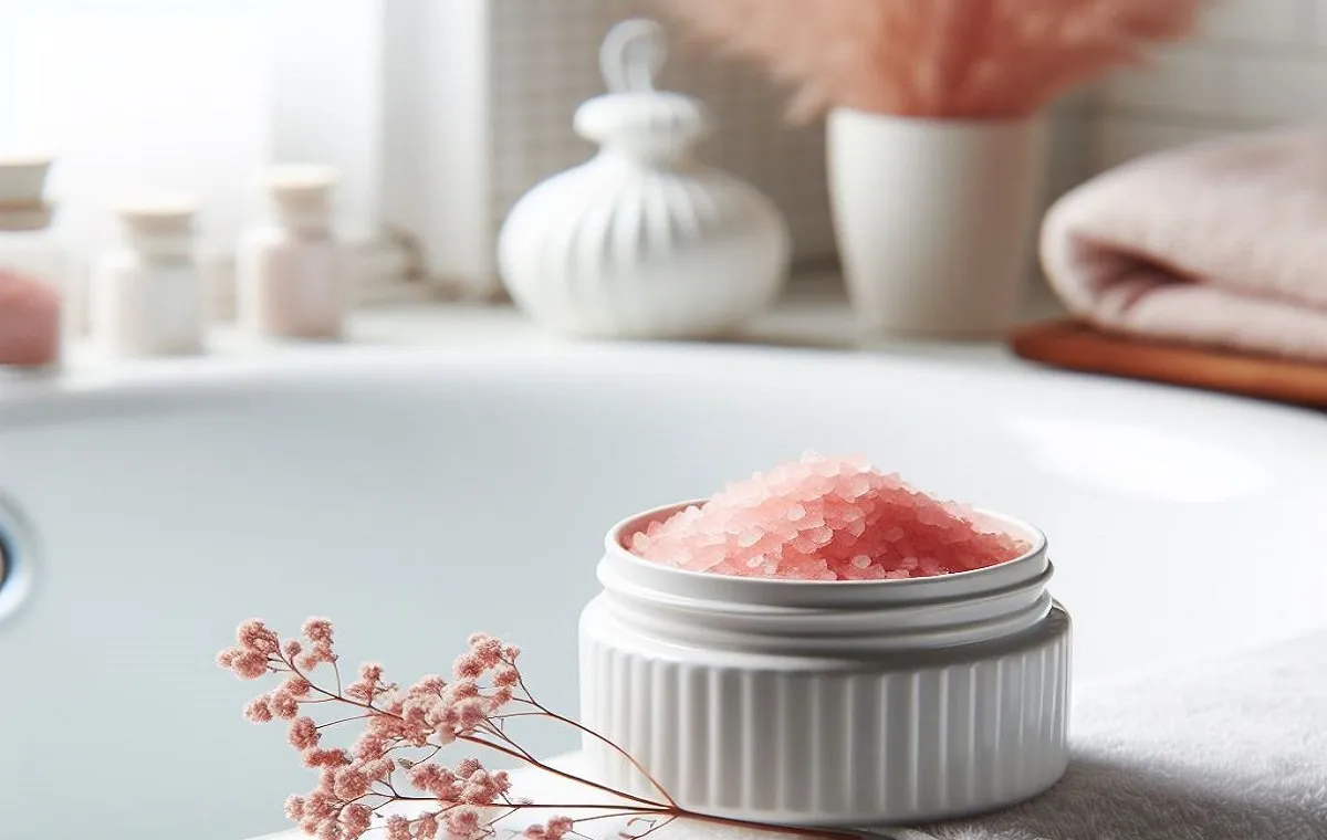 مقداری نمک صورتی در حمام در کنار وان حمام برای استفاده مفید برای پوست بدن است