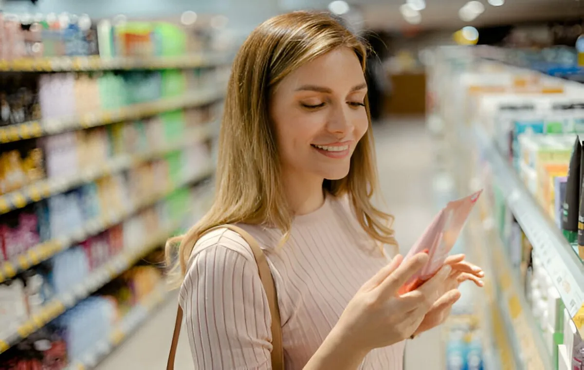 یک زن جوان در حال خرید محصولات ضدپیری