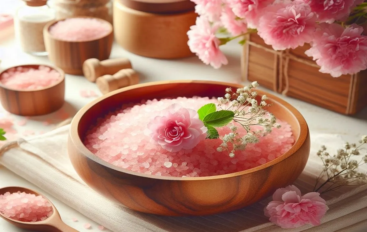 مقداری نمک صورتی روی میز است برای نشان دادن خواص نمک صورتی