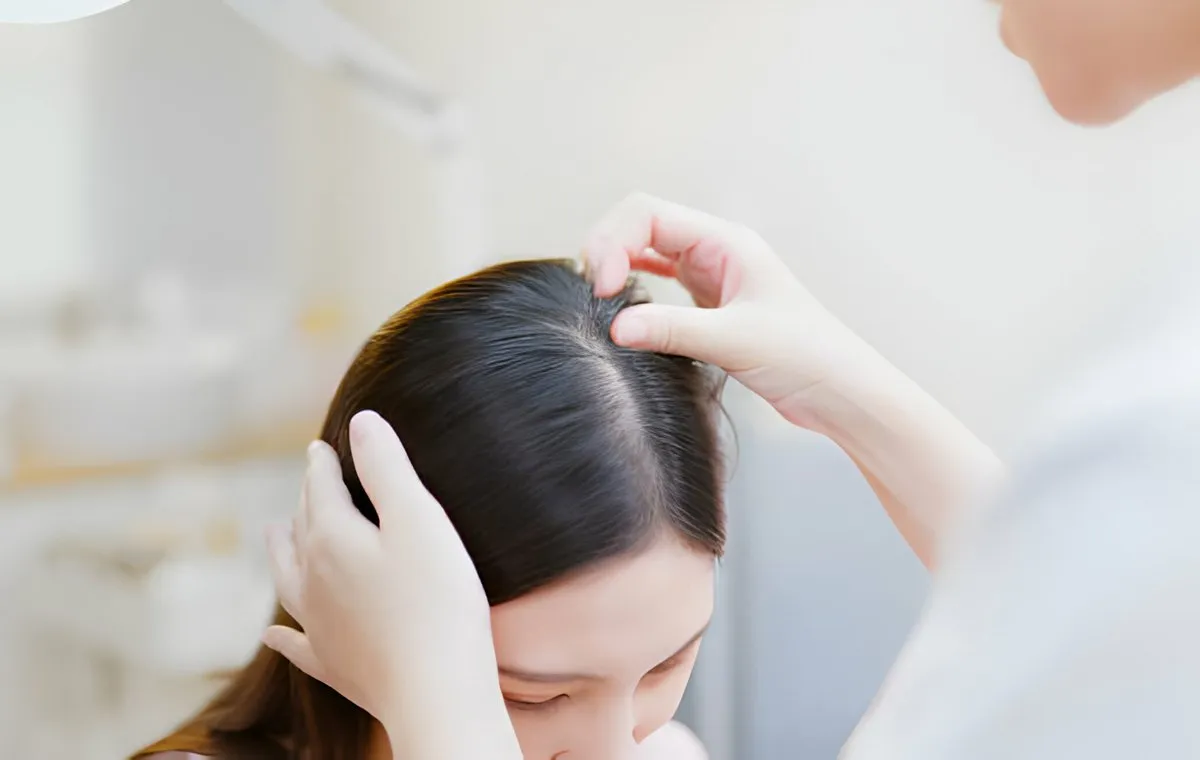 پزشک موهای زن بیمار را بررسی میکند