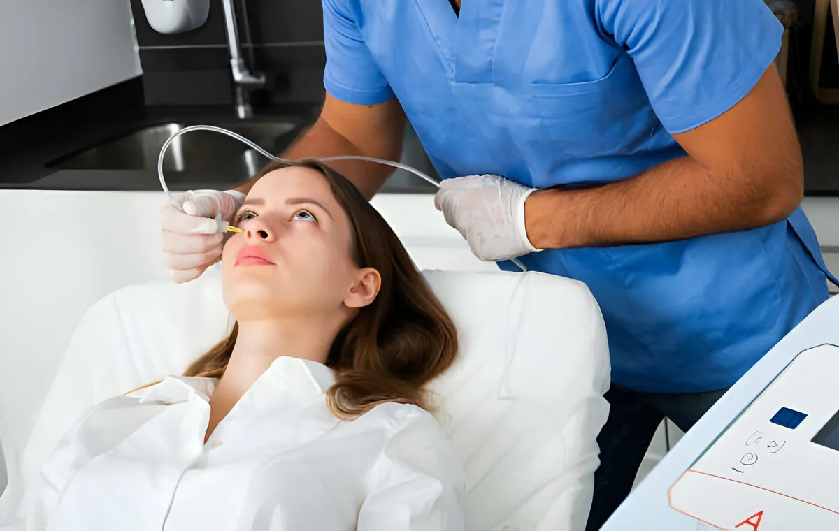 پزشک روی صورت یک زن جوان کربوکسی تراپی انجام میدهد