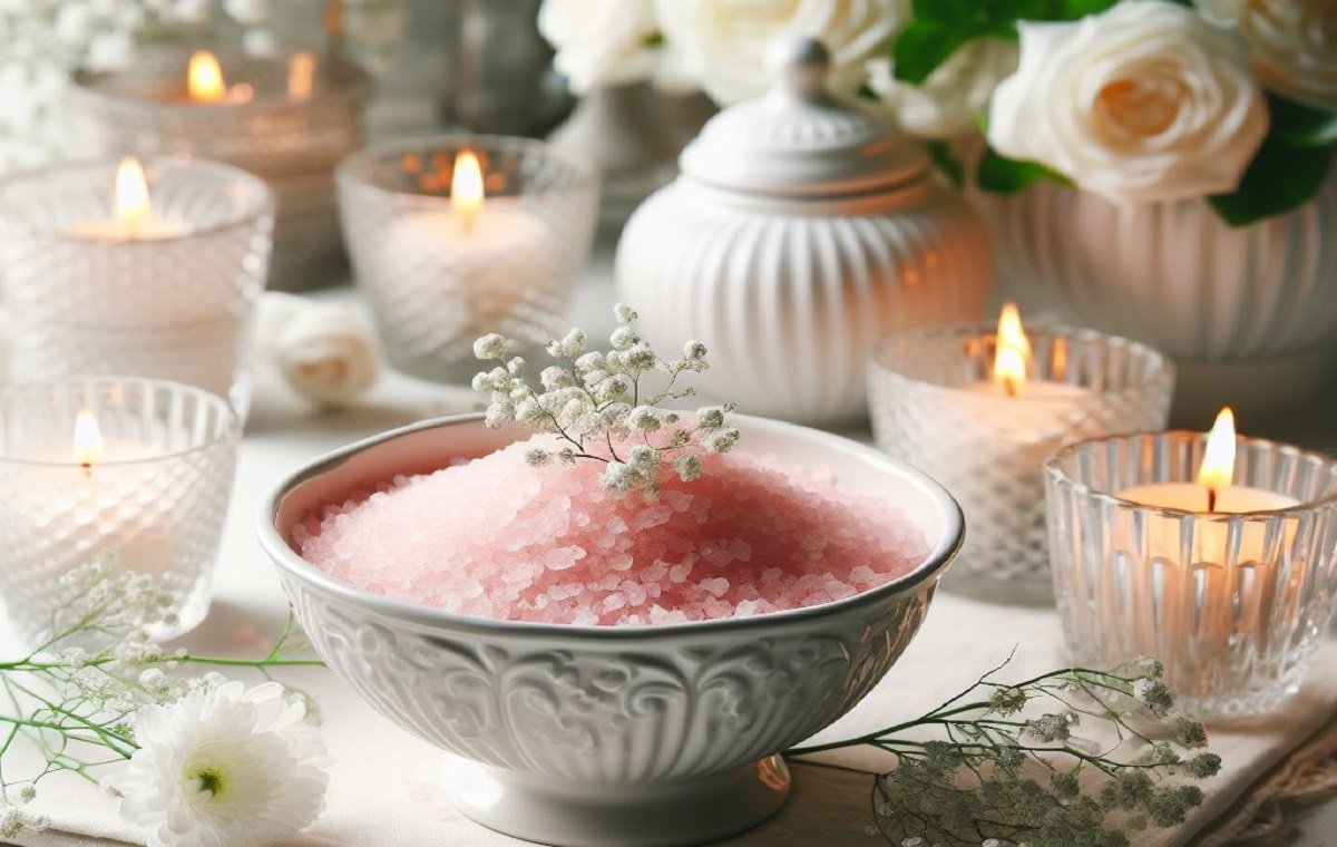 مقداری نمک صورتی هیمالیا روی یک میز در کنار شمع برای تزئین و انرژی مثبت است