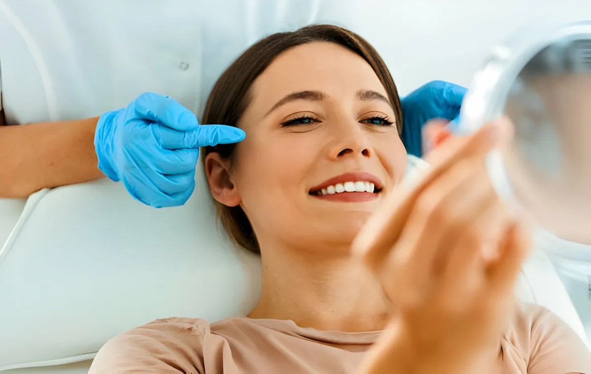 یک زن جوان در مطب در آینه به خود نگاه می‌کند و به توضیحات پزشک گوش می‌دهد