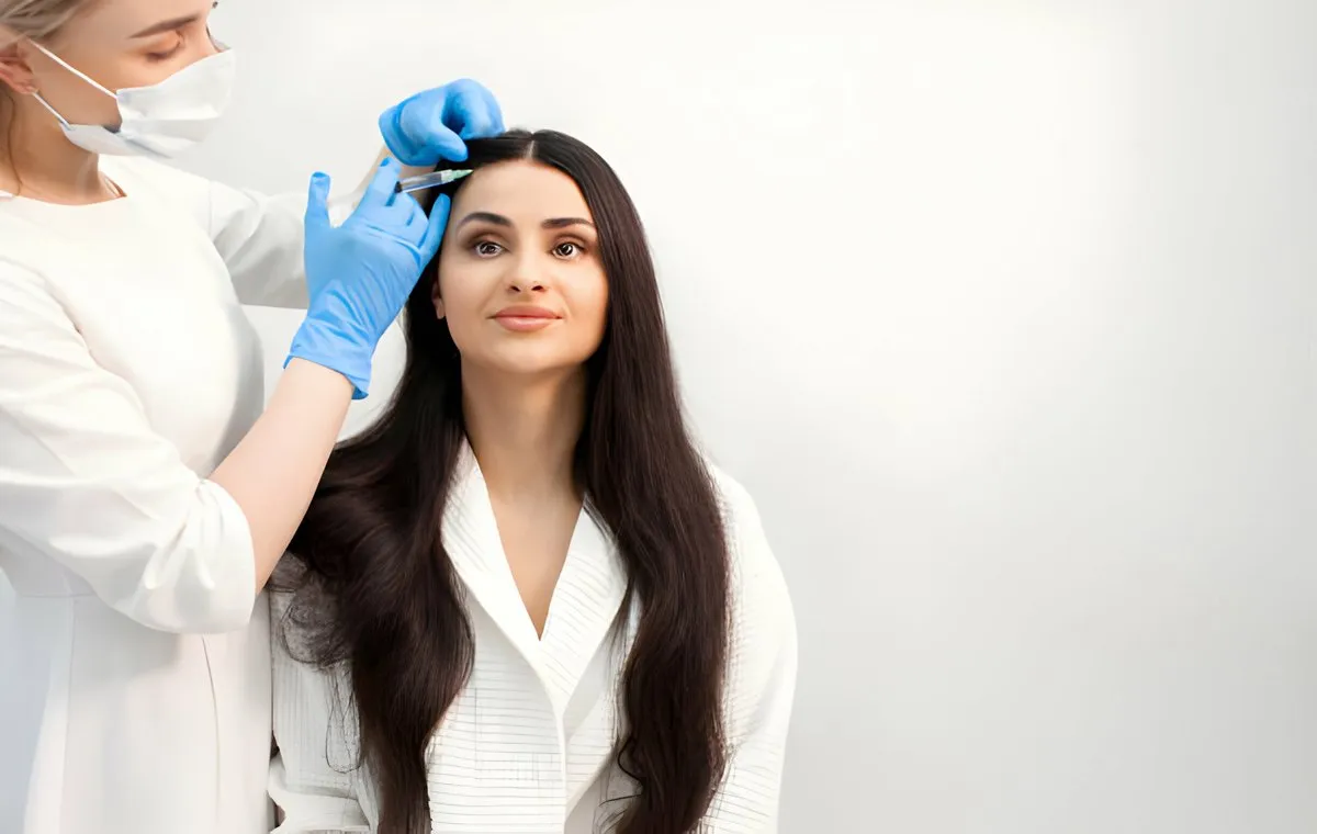 پزشک داروی مزوتراپی را به پوست سر زن جوان تزریق می‌کند