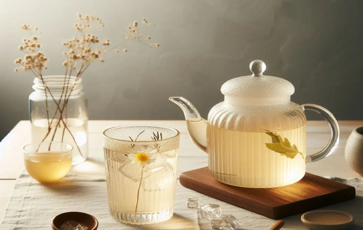 چای دم کرده به در تصویر است. قوری پر از چای به است