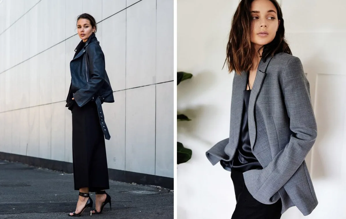 کت خاکستری با شلوار جین سفید یک نمونه استایل مینیمال زنانه