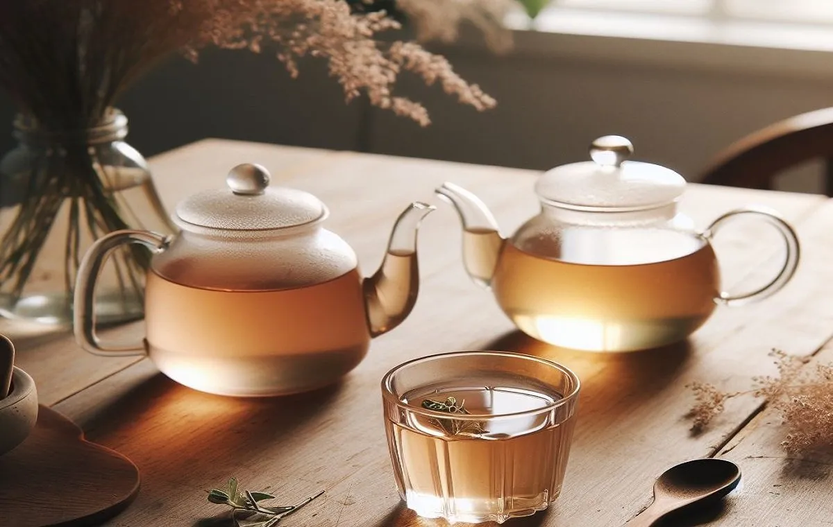 چای دم کرده به در تصویر است. قوری پر از چای به است