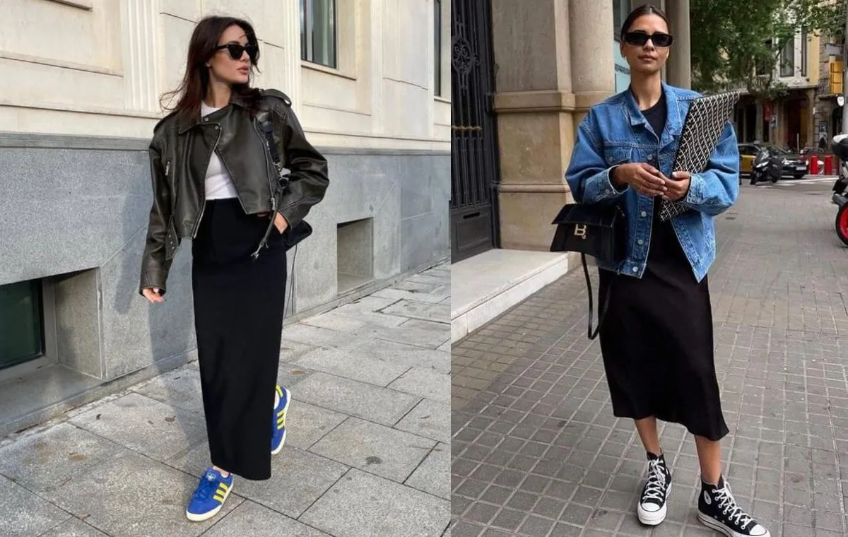 استایل دامن ساتن با کت جین