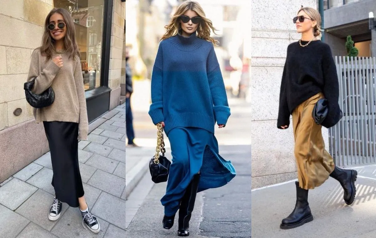 استایل دامن ساتن با بلوز بافتنی