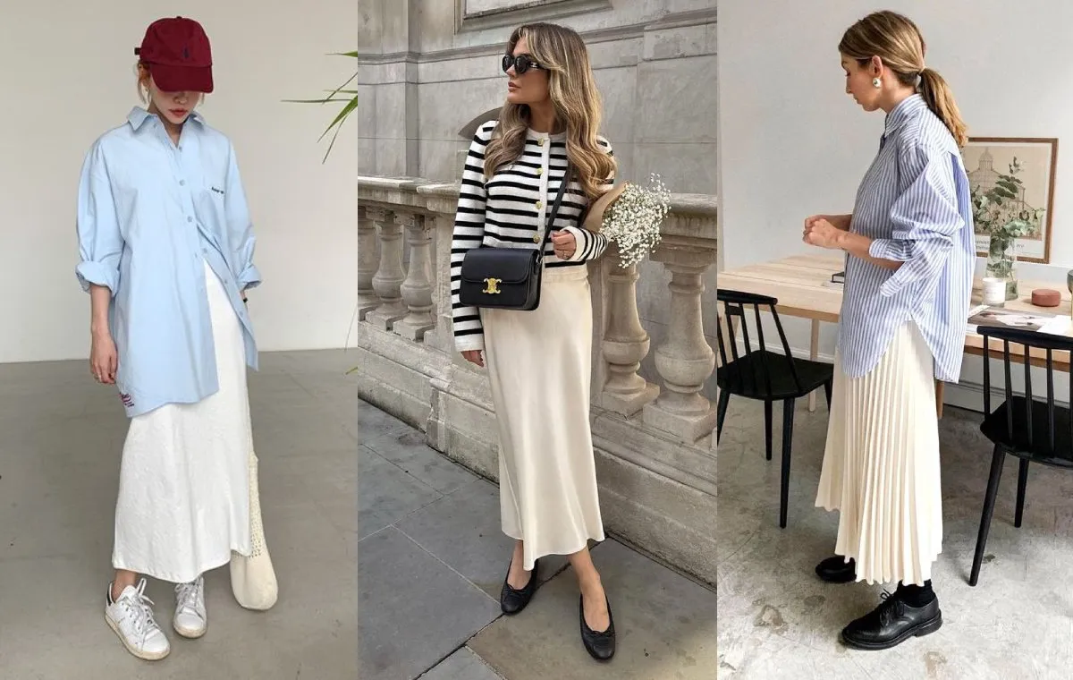 استایل دامن ساتن با بلوز دکمه دار