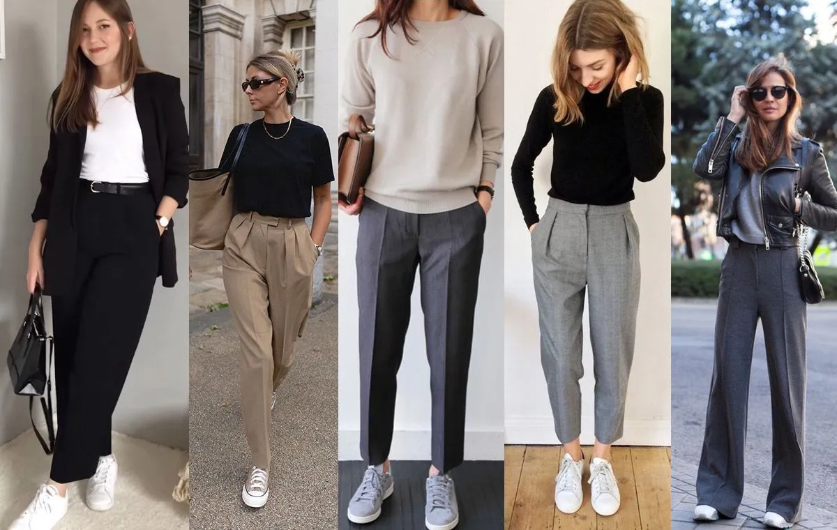 استایل شلوار پارچه‌ای با کتونی