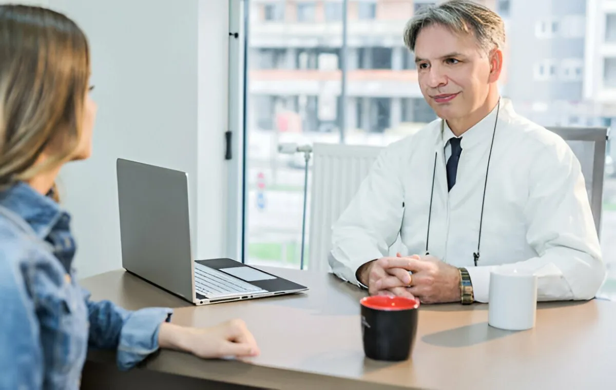 زن جوان با پزشک درباره‌ی راه‌های افزایش جذب ویتامین‌ها صحبت می‌کند