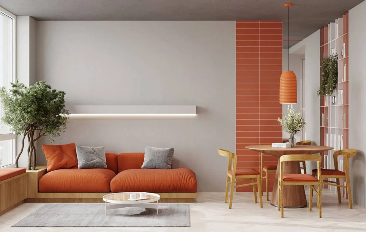 پذیرایی با دکوراسیون با رنگ نارنجی