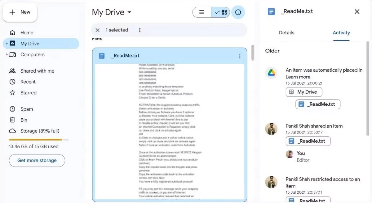 نوار فعالیت فایل ها در گوگل درایو