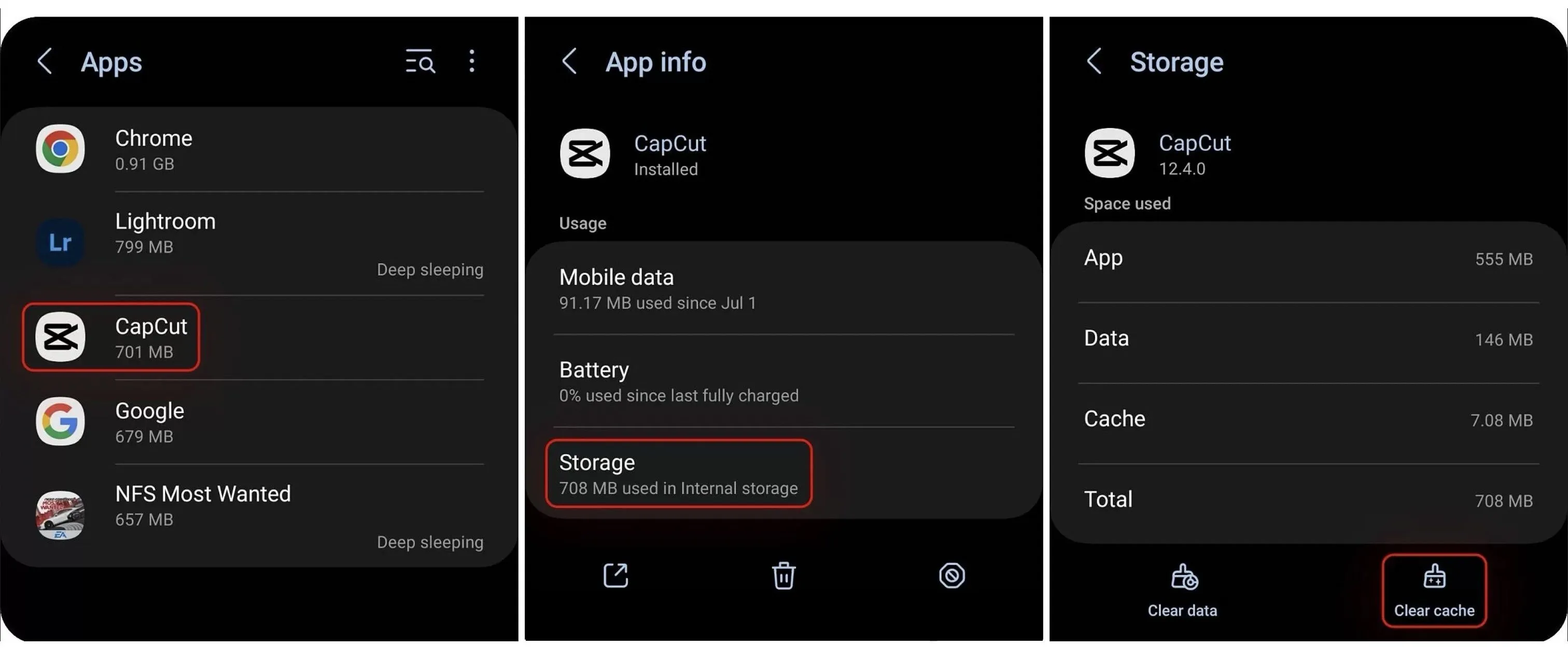 حل مشکل کش و حافظه capcut