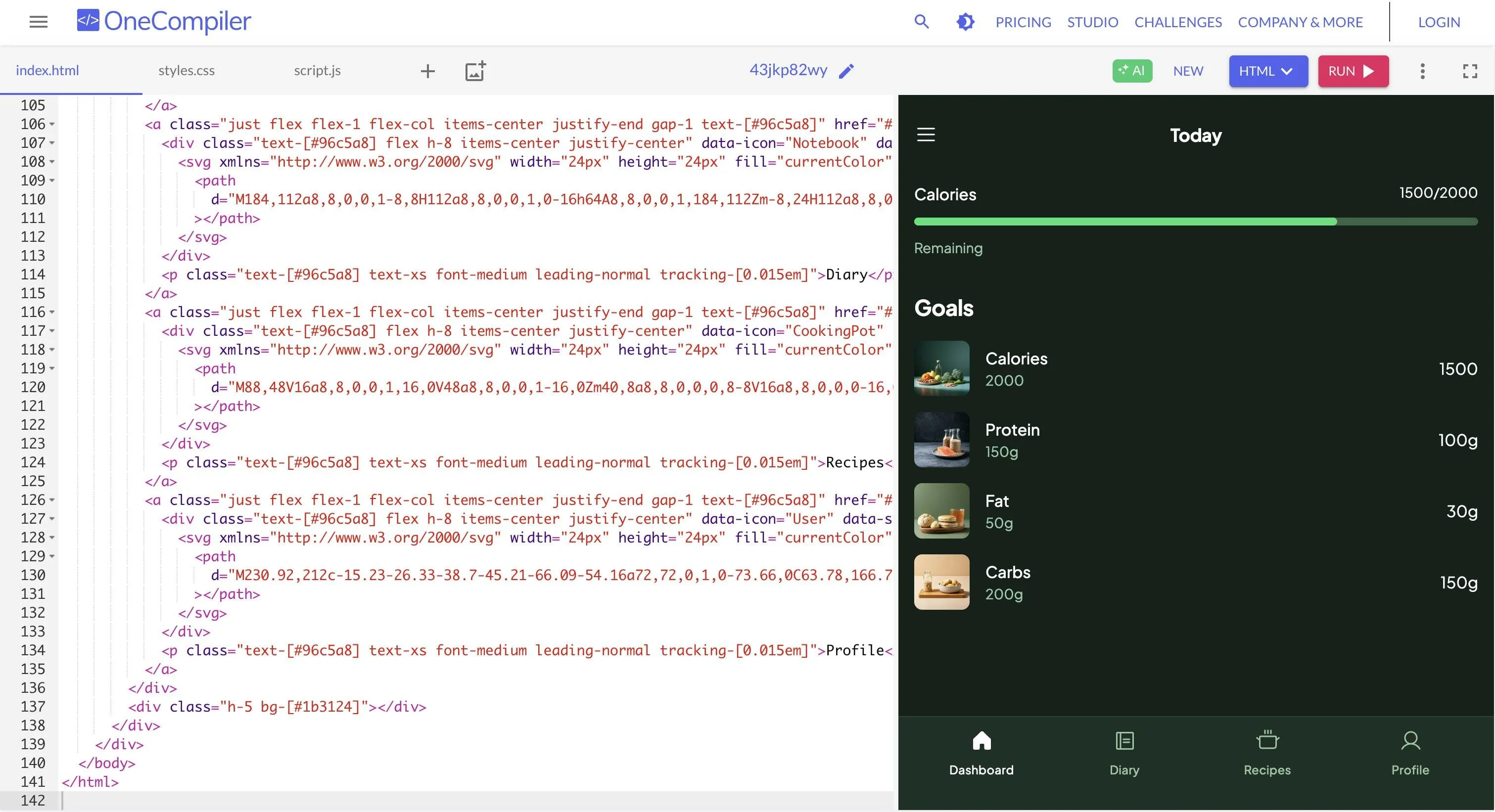 OneCompiler و قابلیت ادیت HTML با استیچ
