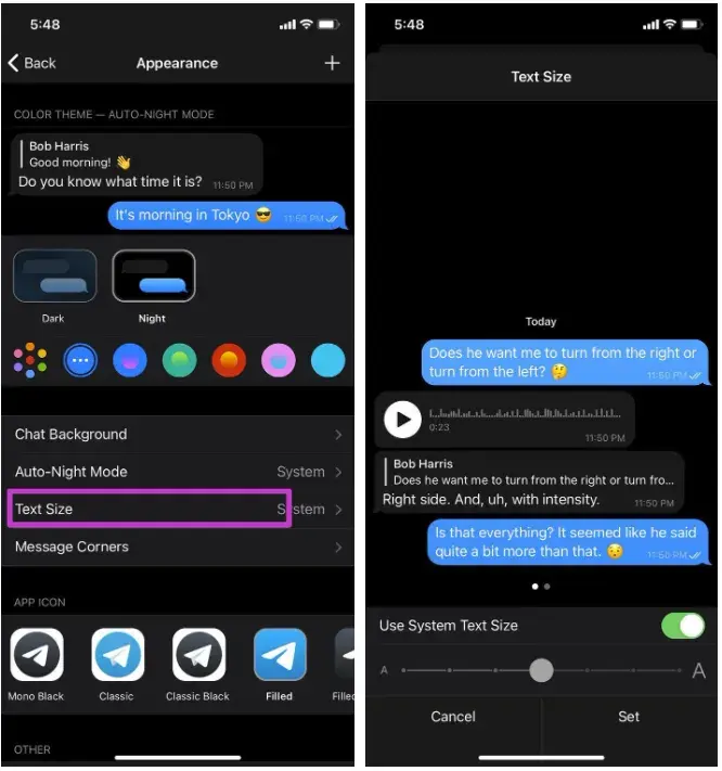 تغییر اندازه‌ی متن در تلگرام ایفون