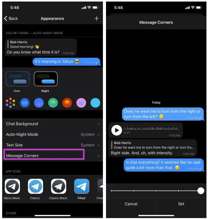 تغییر گوشه باکس پیام در تلگرام ایفون