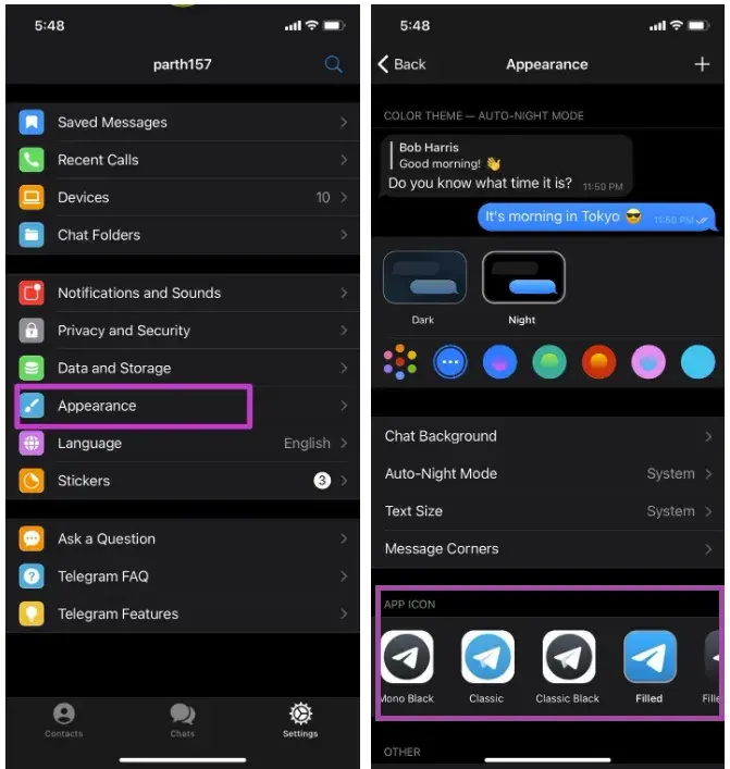 تغییر آیکون تلگرام (در صورت فعال بودن) در تلگرام ایفون