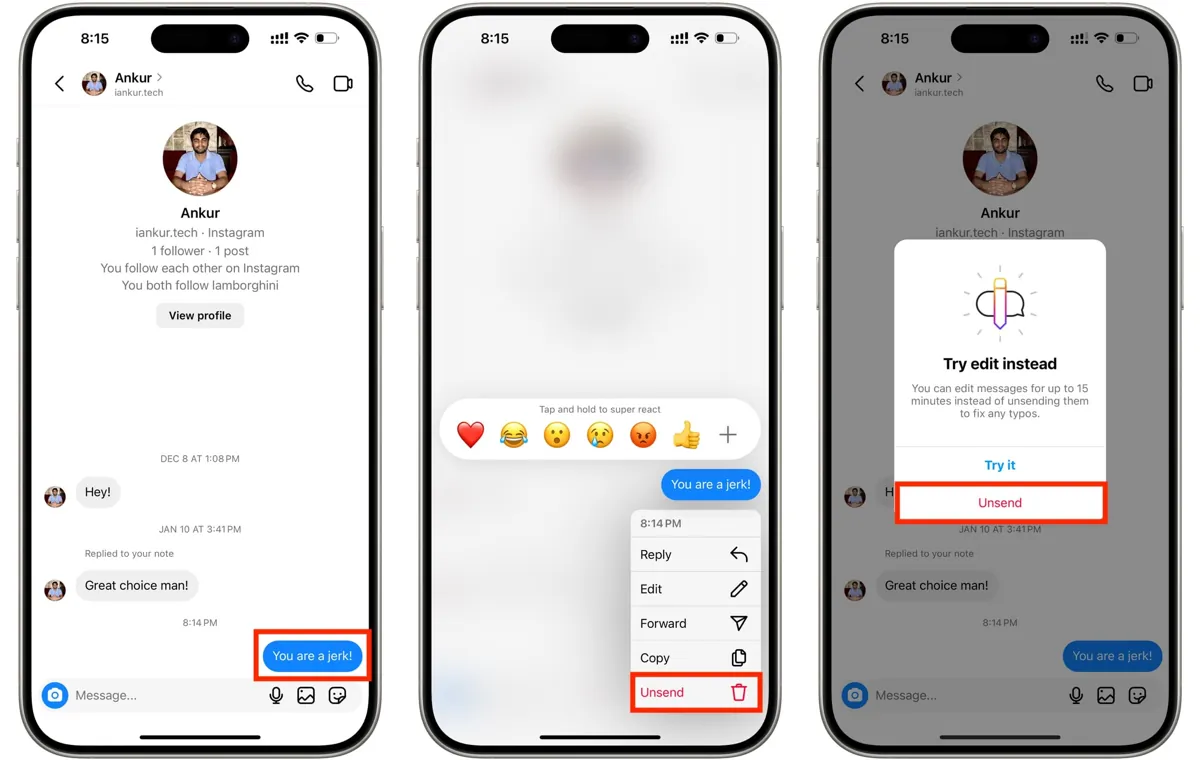 حذف دایرکت اینستاگرام برای طرف مقابل