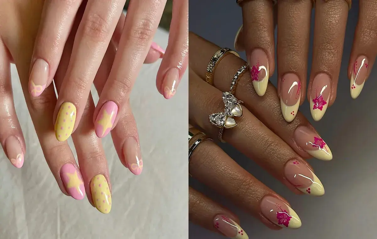 مدل ناخن زرد کره‌ای و رنگ صورتی