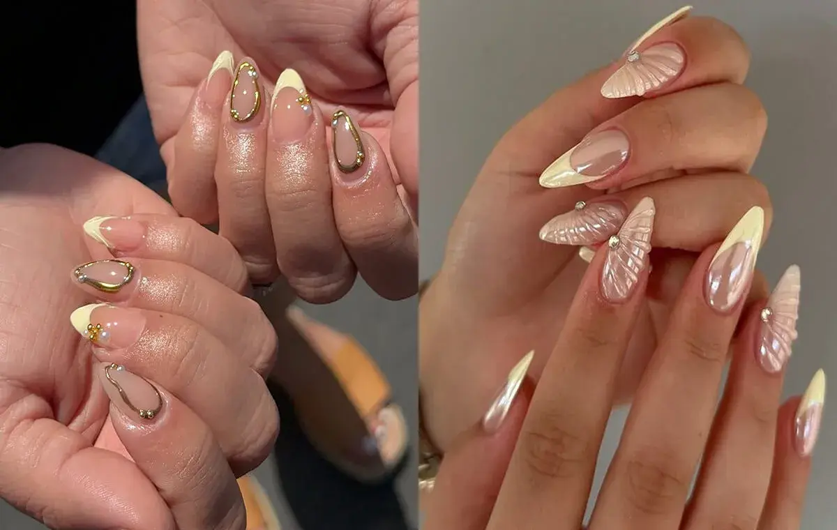 مدل ناخن زرد کره‌ای و رنگ صورتی