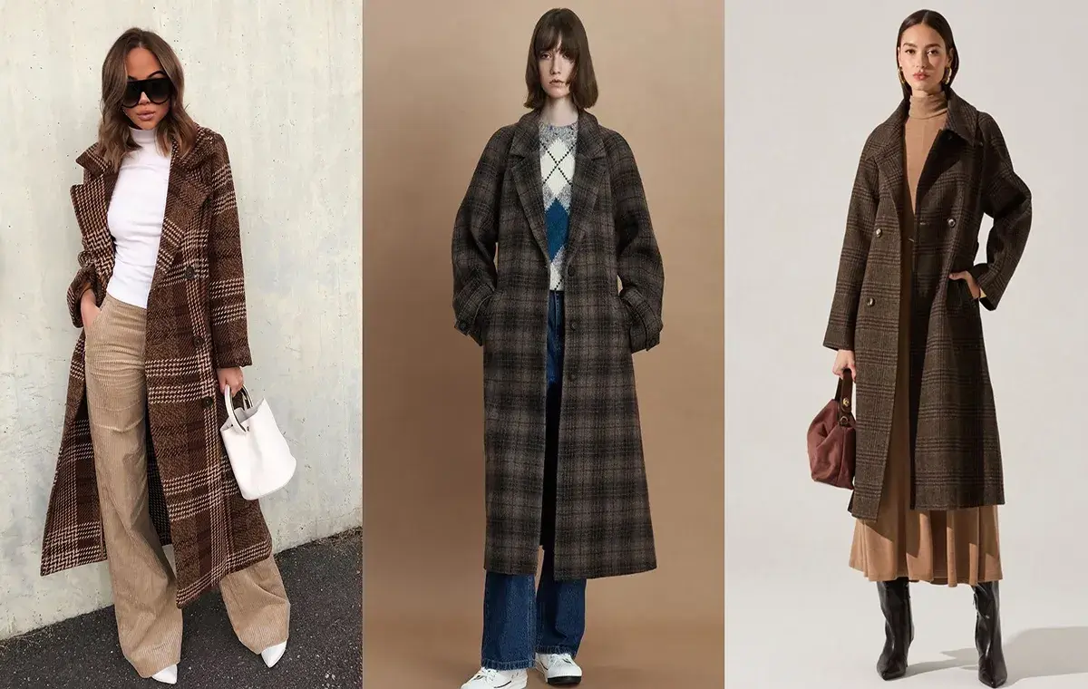 مدل پالتو پشمی چهارخانه جدید قهوهای