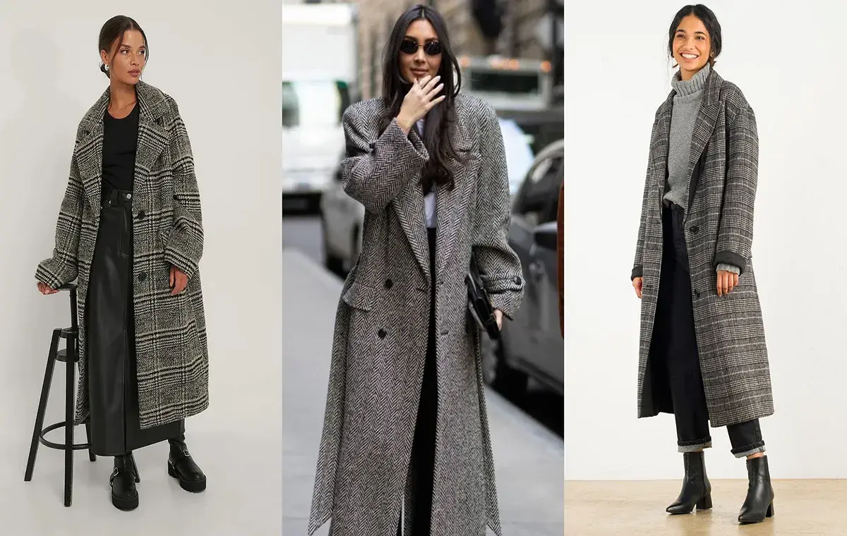 مدل پالتو چهارخانه طوسی