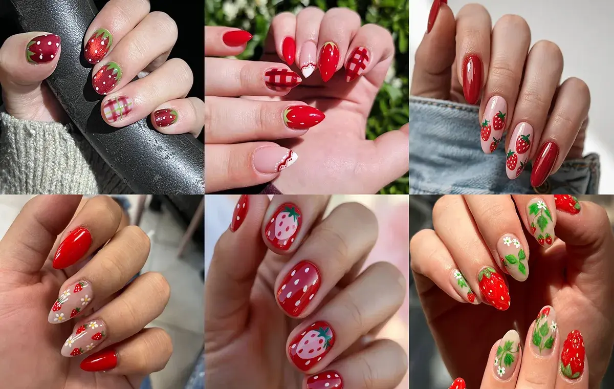 طرح ناخن قرمز با توت فرنگی