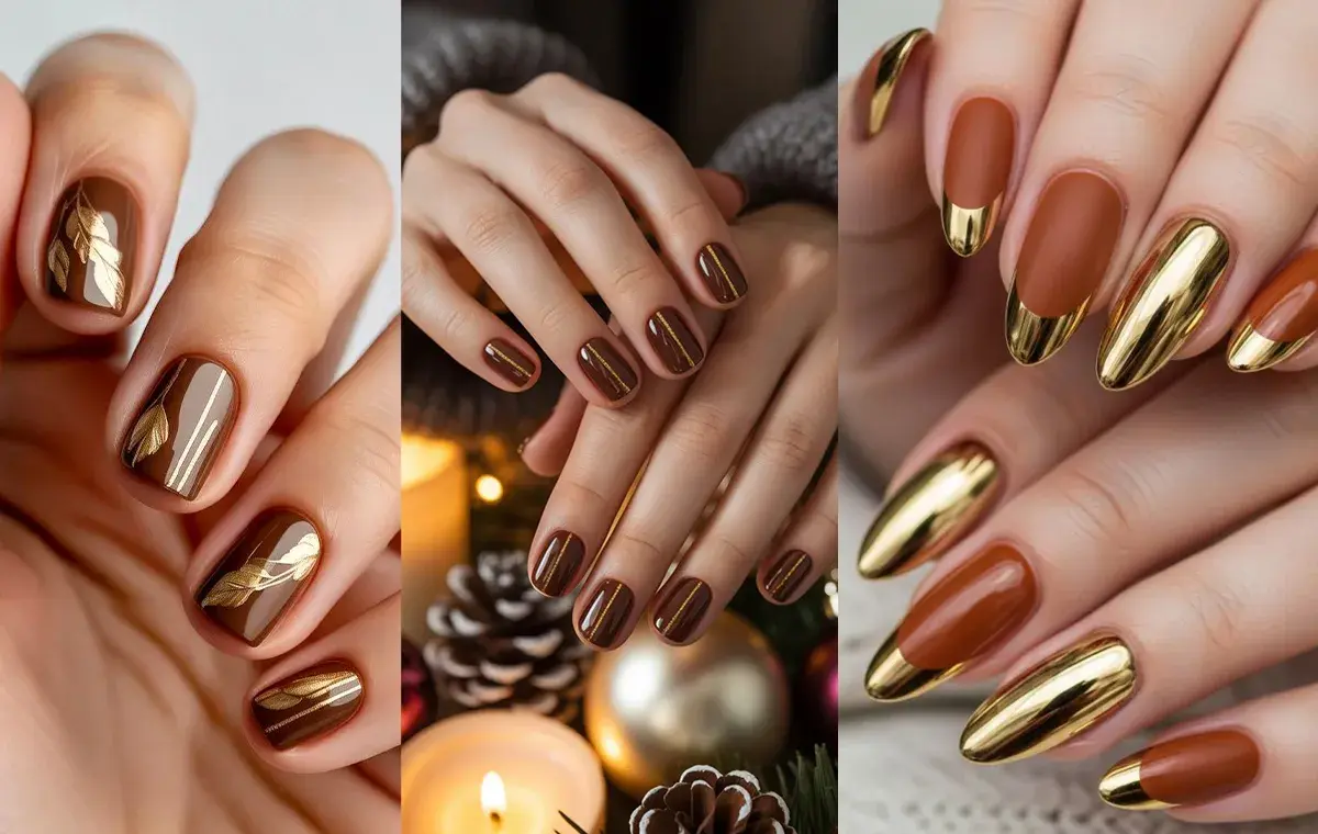 طرح ناخن قهوهای طلایی