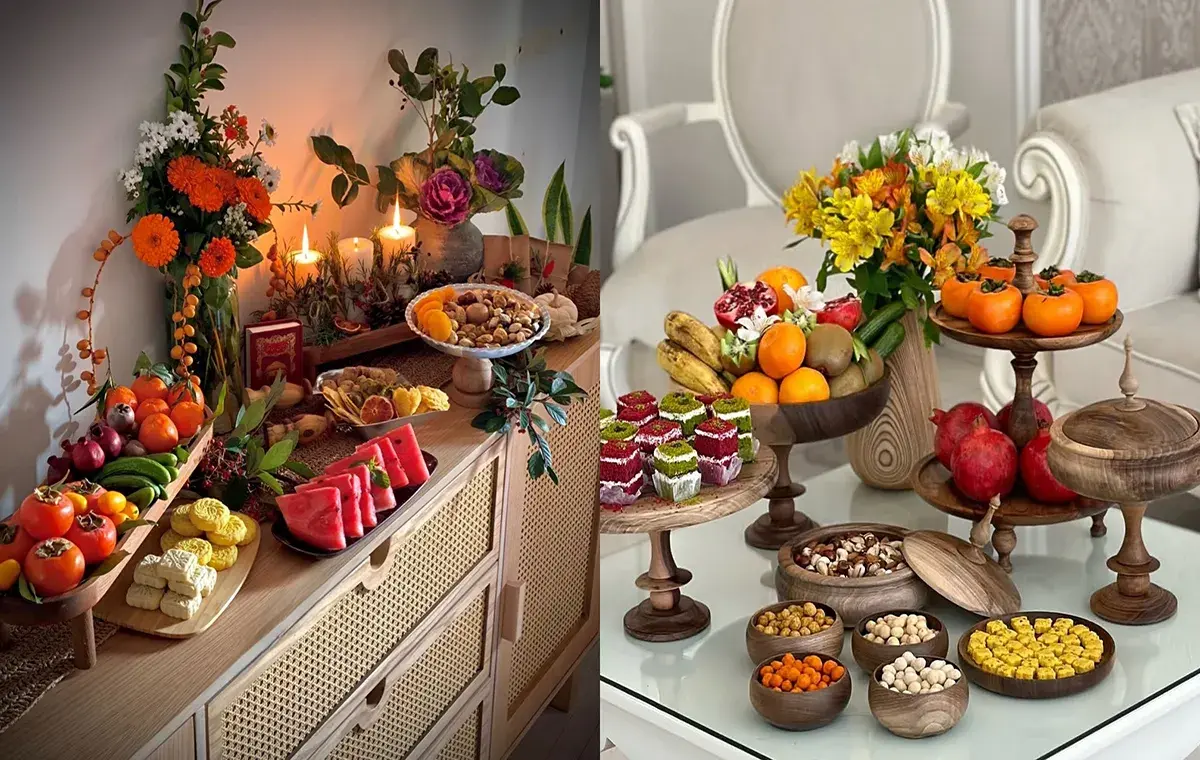 ایده تزیین میز شب یلدا با ظروف چوبی