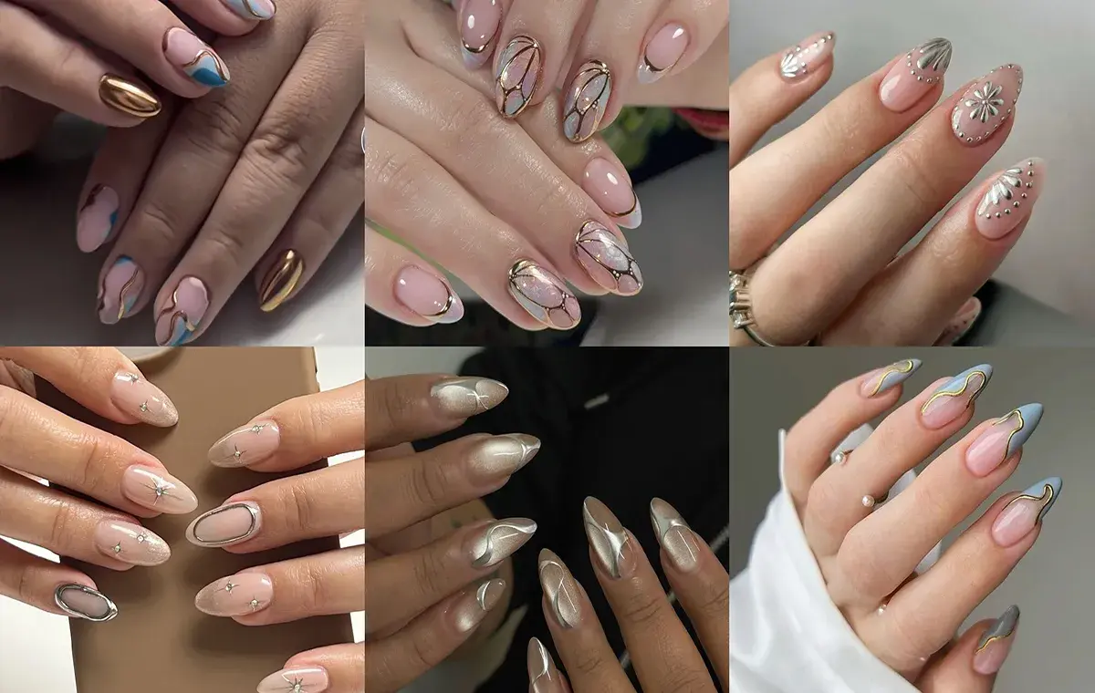 مدل ناخن برای عید با خط‌های طلایی و نقره‌ای