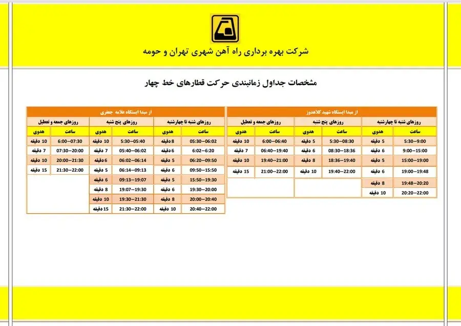 خط ۴ زرد؛ شهید کلاهدوز تا علامه جعفری